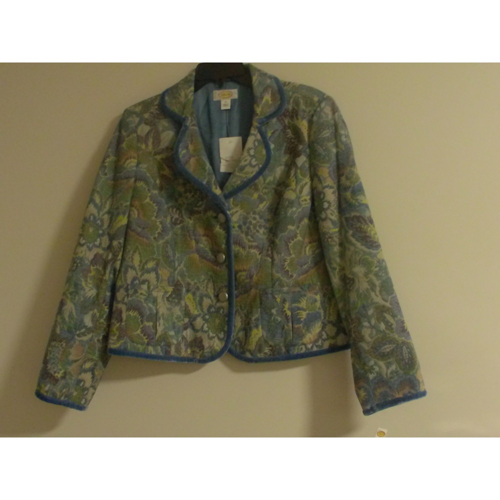 Talbots Women Blue Green Floral Paisley Tapestry Blazer Velvet Trim Size 14 NWT